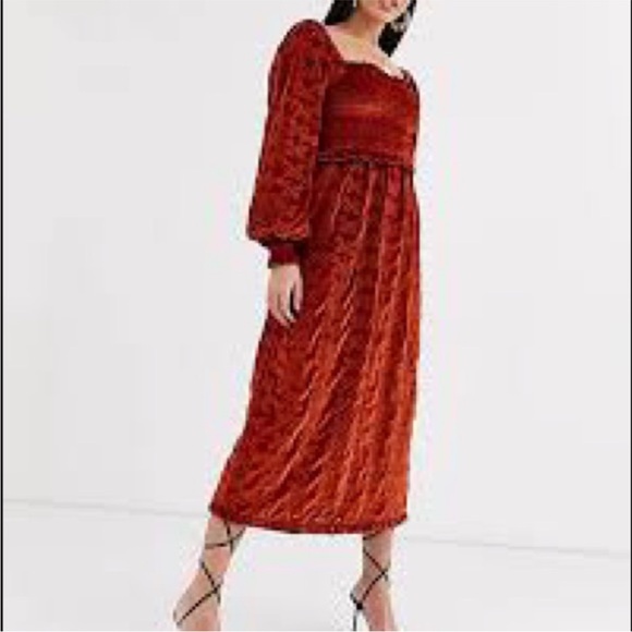 📌 NWT ASOS DESIGN Maternity Velvet Boderie Shirred Midi Dress In Rust - Picture 1 of 5